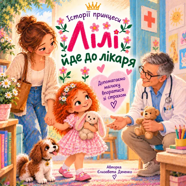 Обкладинка книжки «Історії принцеси Лілі. Лілі йде до лікаря»: мама, Лілі з зайчиком і лікар