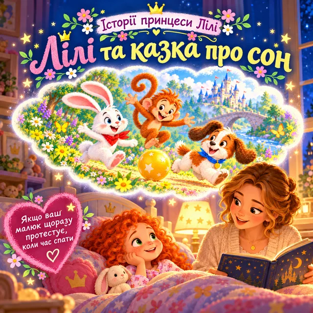 Обкладинка книжки «Історії принцеси Лілі. Лілі та казка про сон»: мама читає Лілі казку перед сном