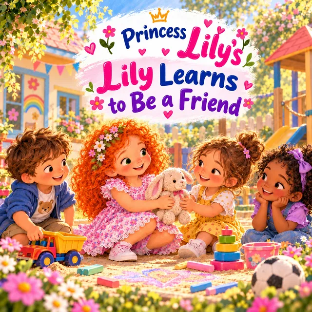 Cover of “Princess Lily’s Lily Learns to Be a Friend”: Lily with her bunny playing with friends at the playground