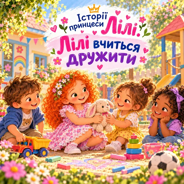 Обкладинка книжки «Історії принцеси Лілі. Лілі вчиться дружити»: Лілі із зайчиком грається з друзями на дитячому майданчику