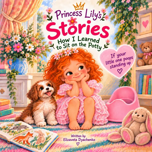 Cover of “Princess Lily’s Stories: How I Learned to Sit on the Potty”: Lily and her puppy next to a potty