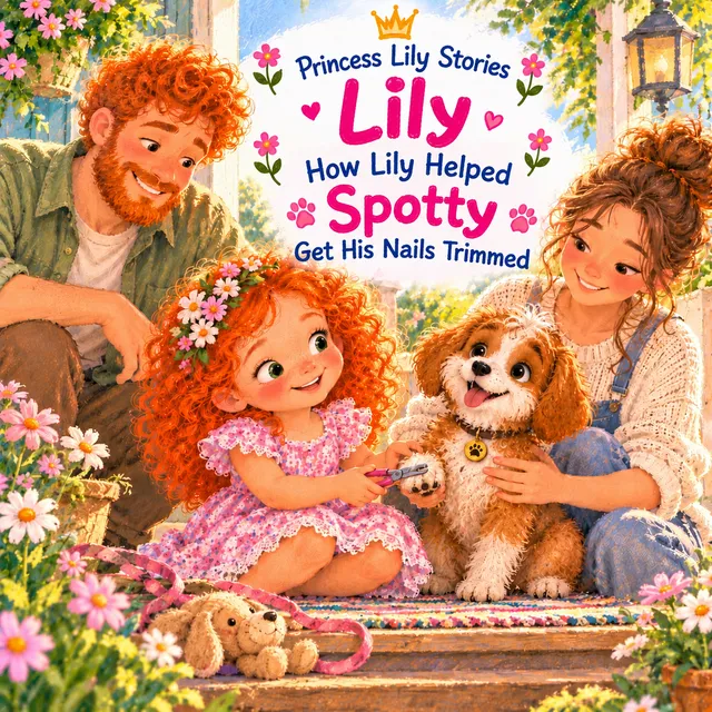 Cover of “Princess Lily Stories: How Lily Helped Spotty Get His Nails Trimmed”: Lily, Mum, Dad and the puppy on the porch